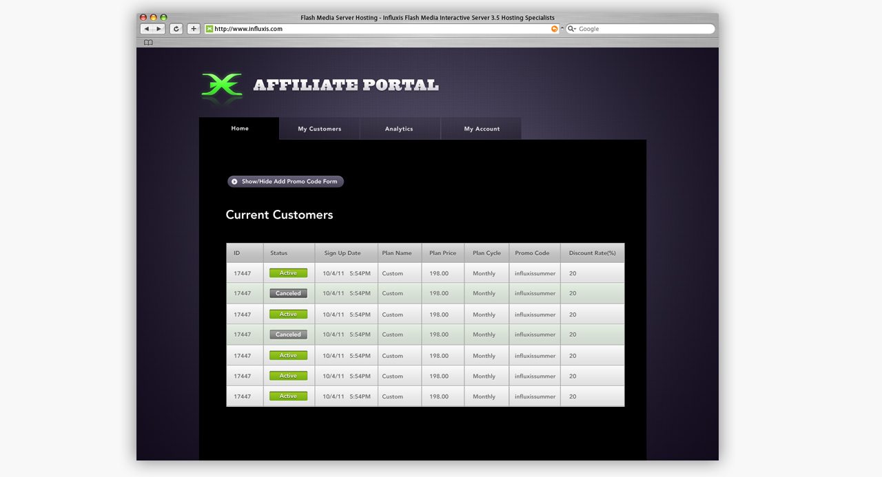 Influxis Affiliate Portal